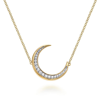 14K Yellow Gold Crescent Moon Diamond Pendant Necklace