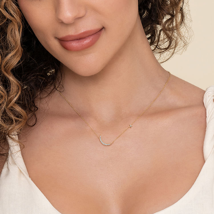 14K Yellow Gold Crescent Moon Diamond Pendant Necklace