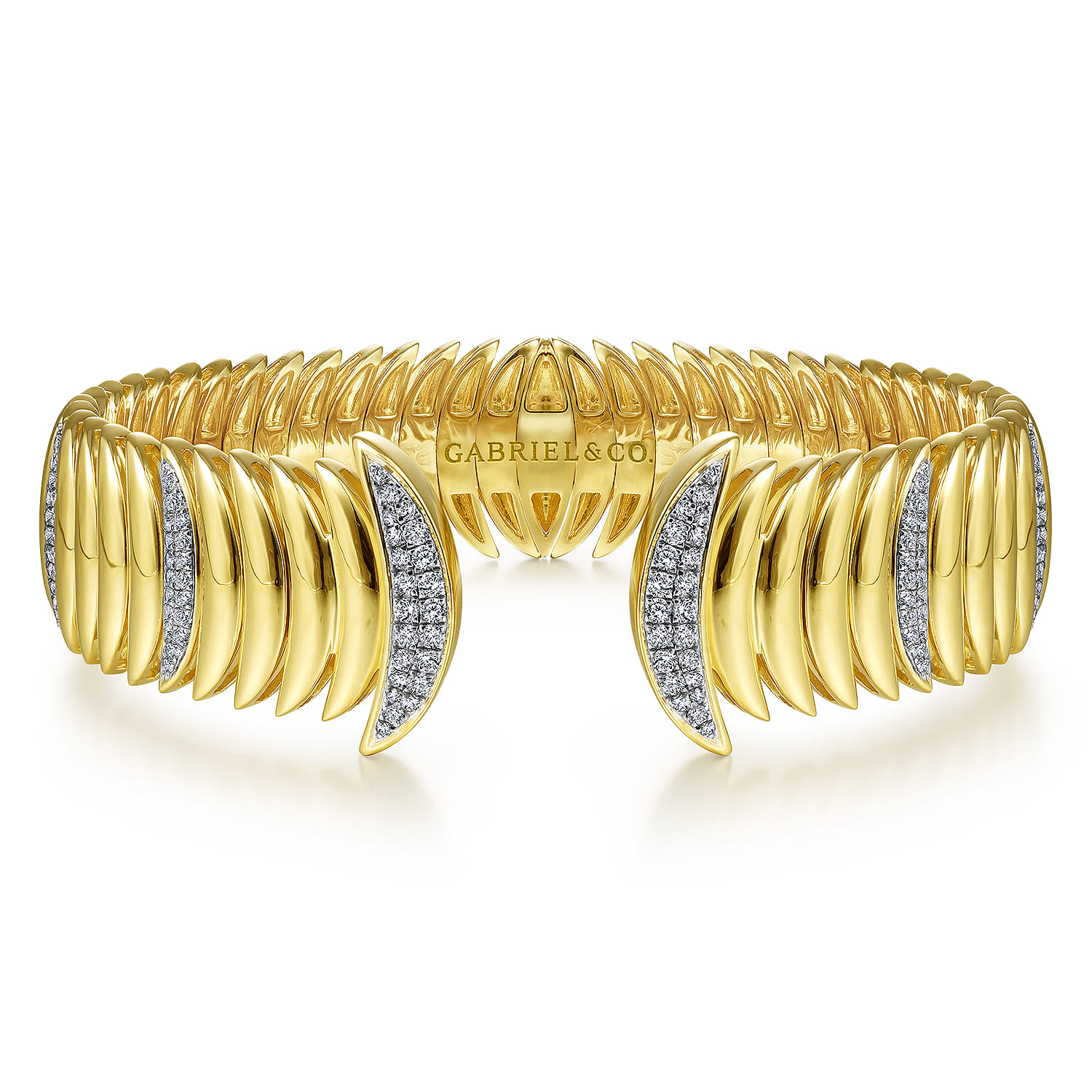 14K Yellow Gold Crescent Moon Open Cuff Bracelet with Diamond Pave Stations