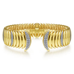 14K Yellow Gold Crescent Moon Open Cuff Bracelet with Diamond Pave Stations