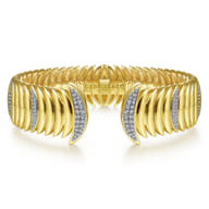 14K Yellow Gold Crescent Moon Open Cuff Bracelet with Diamond Pave Stations