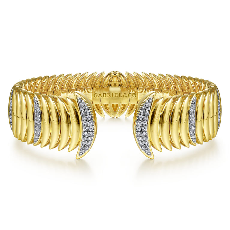 14K Yellow Gold Crescent Moon Open Cuff Bracelet with Diamond Pave Stations - 0.9 ct - Shot 1