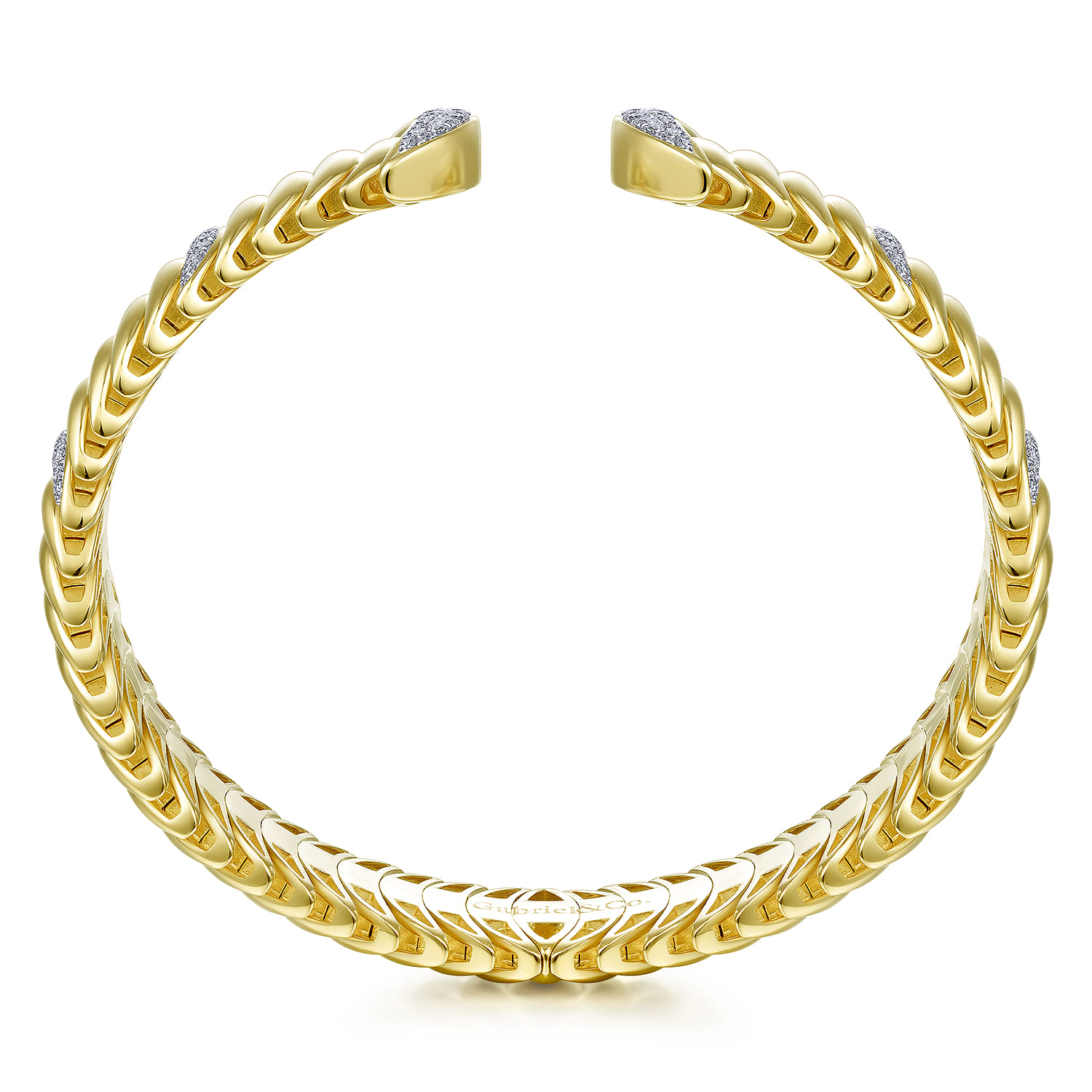 14K Yellow Gold Crescent Moon Open Cuff Bracelet with Diamond Pave Stations