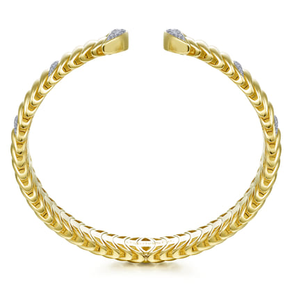 14K Yellow Gold Crescent Moon Open Cuff Bracelet with Diamond Pave Stations