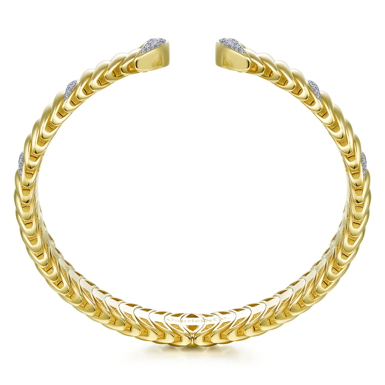 14K Yellow Gold Crescent Moon Open Cuff Bracelet with Diamond Pave Stations - 0.9 ct - Shot 3