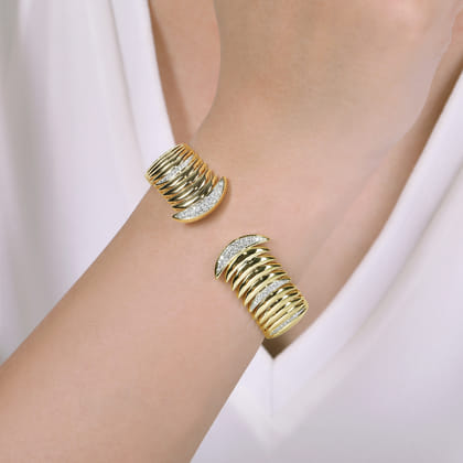 14K Yellow Gold Crescent Moon Open Cuff Bracelet with Diamond Pave Stations