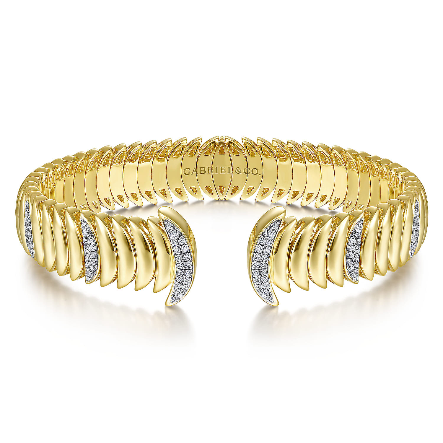 14K Yellow Gold Crescent Moon Open Cuff Bracelet with Diamond Pave Stations