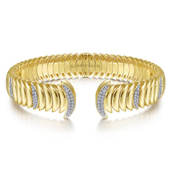 14K Yellow Gold Crescent Moon Open Cuff Bracelet with Diamond Pave Stations