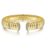 14K Yellow Gold Crescent Moon Open Cuff Bracelet with Diamond Pave Stations