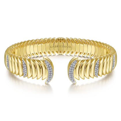 14K Yellow Gold Crescent Moon Open Cuff Bracelet with Diamond Pave Stations