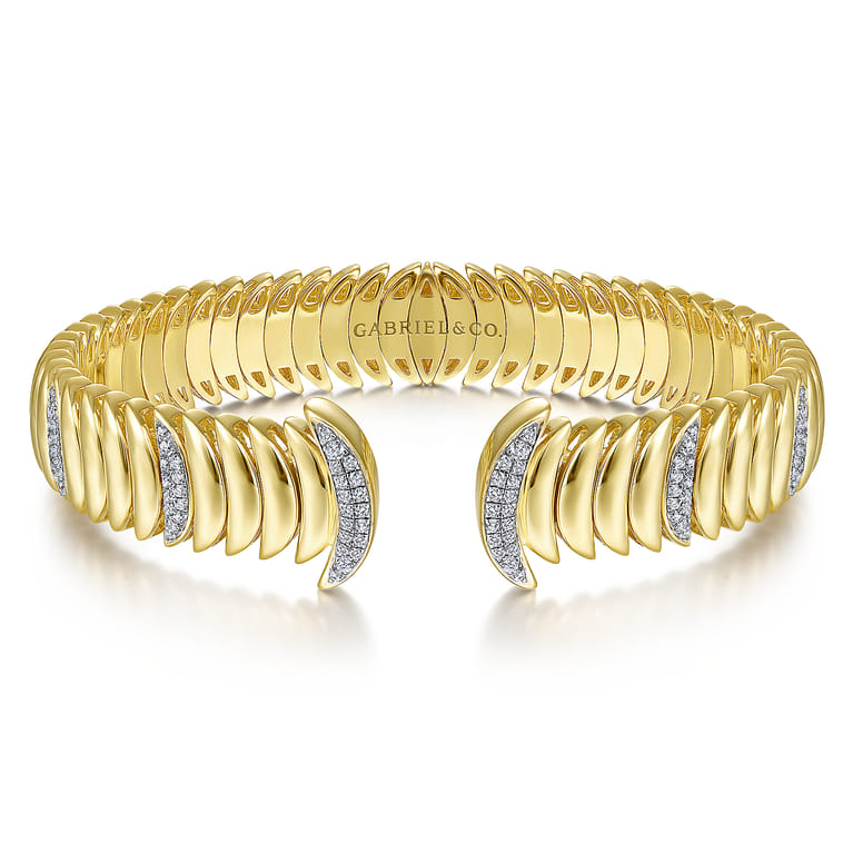 14K Yellow Gold Crescent Moon Open Cuff Bracelet with Diamond Pave Stations - 0.5 ct - Shot 1