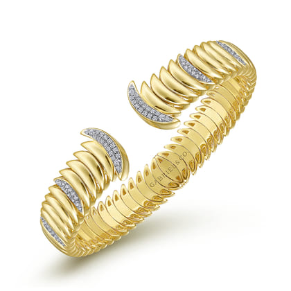 14K Yellow Gold Crescent Moon Open Cuff Bracelet with Diamond Pave Stations