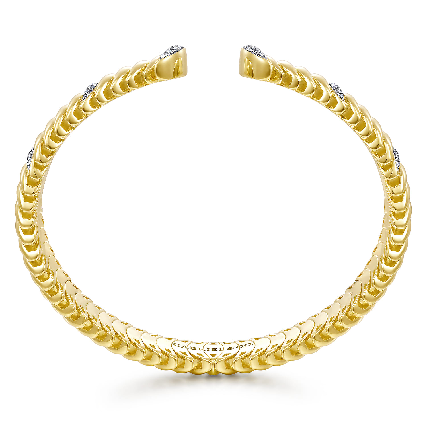 14K Yellow Gold Crescent Moon Open Cuff Bracelet with Diamond Pave Stations