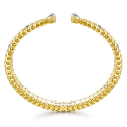 14K Yellow Gold Crescent Moon Open Cuff Bracelet with Diamond Pave Stations