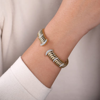 14K Yellow Gold Crescent Moon Open Cuff Bracelet with Diamond Pave Stations