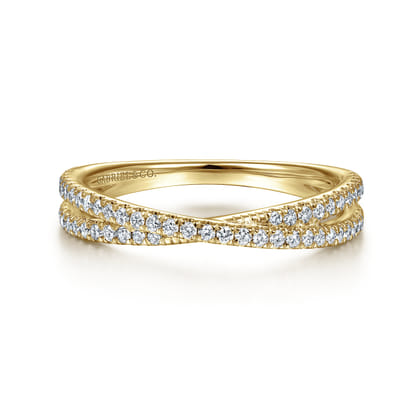 14K Yellow Gold Criss Cross Diamond Stackable Ring