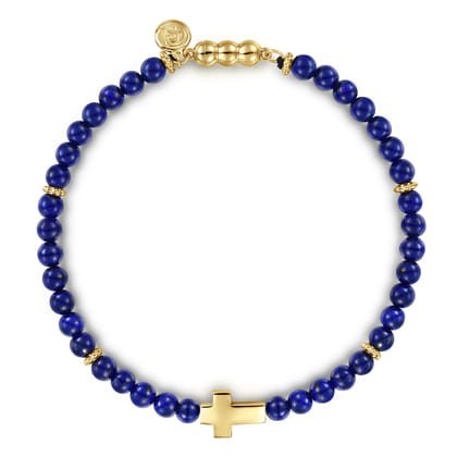 14K Yellow Gold Cross Bracelet with 4mm Lapis Beads