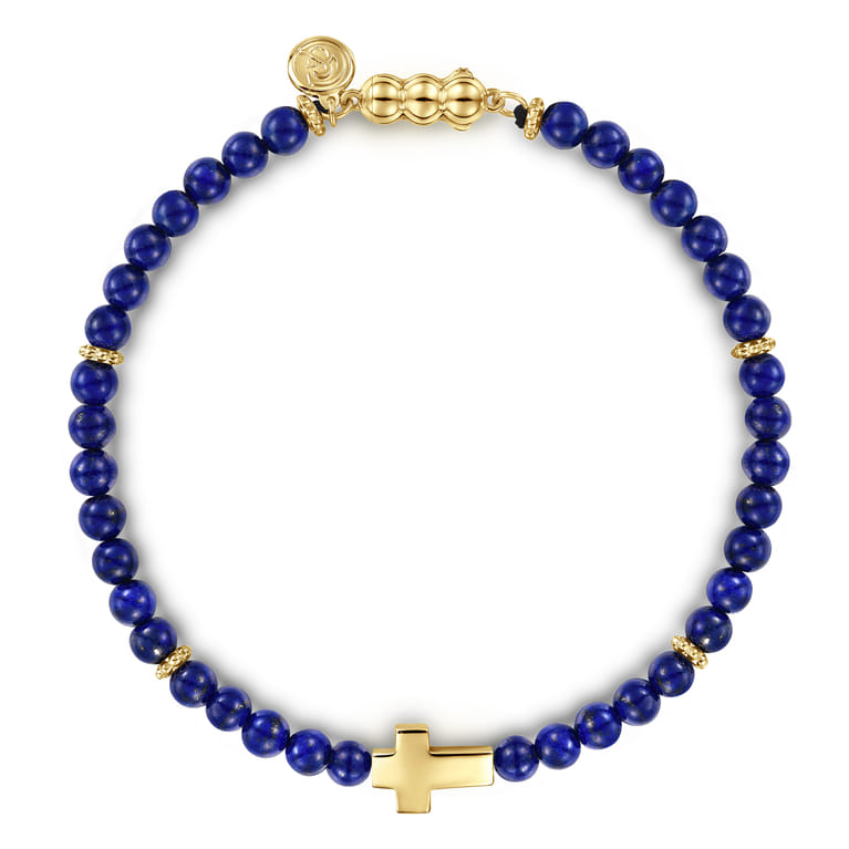 14K Yellow Gold Cross Bracelet with 4mm Lapis Beads - Shot 1