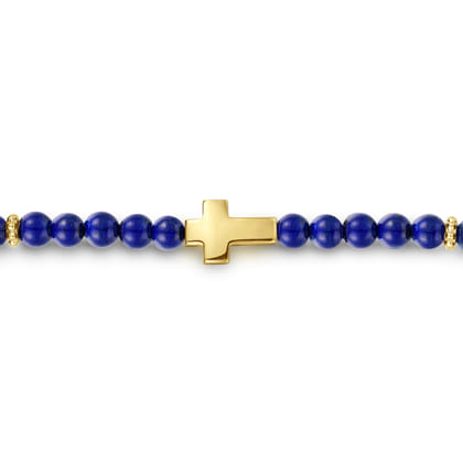 14K Yellow Gold Cross Bracelet with 4mm Lapis Beads