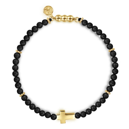 14K Yellow Gold Cross Bracelet with 4mm Matte Onyx Beads