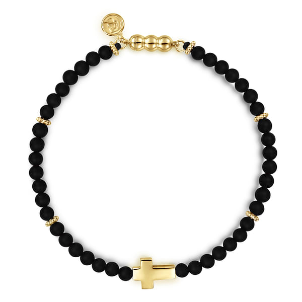 STONE BEAD BRACELET 4 MM W/GOLD BEADS MATTE BLACK