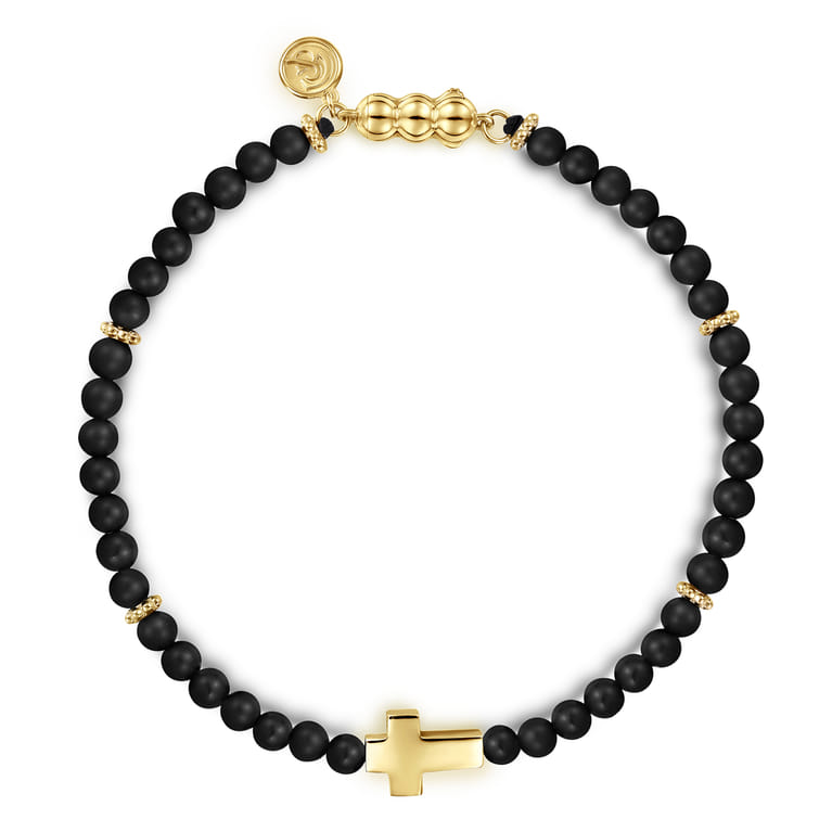 14K Yellow Gold Cross Bracelet with 4mm Matte Onyx Beads - Shot 1