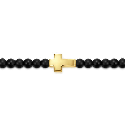14K Yellow Gold Cross Bracelet with 4mm Matte Onyx Beads
