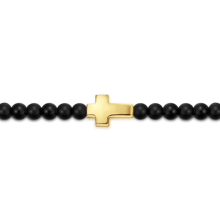 14K Yellow Gold Cross Bracelet with 4mm Matte Onyx Beads - Shot 2