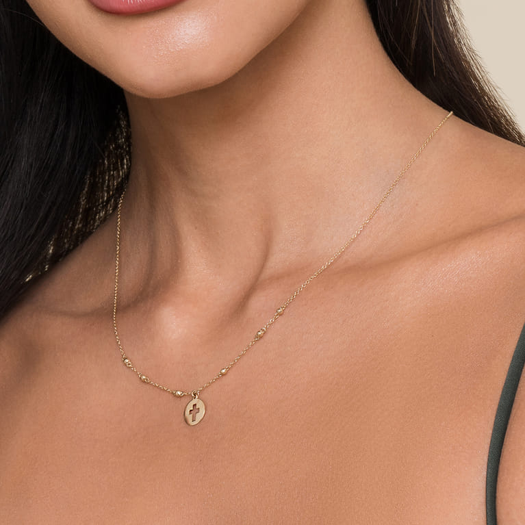 14K Yellow Gold Cross Cutout Pendant Necklace - Shot 3