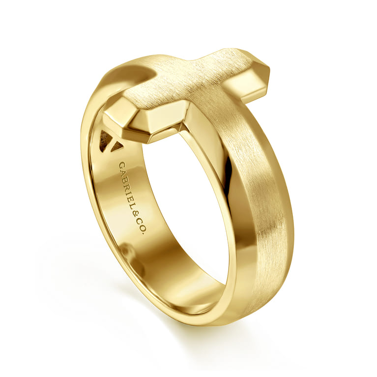 14K Yellow Gold Cross Men's Faceted Ring - Shot 3
