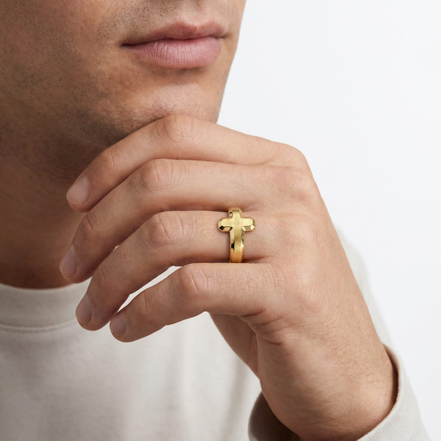 14K Yellow Gold Cross Men's Faceted Ring - Shot 5