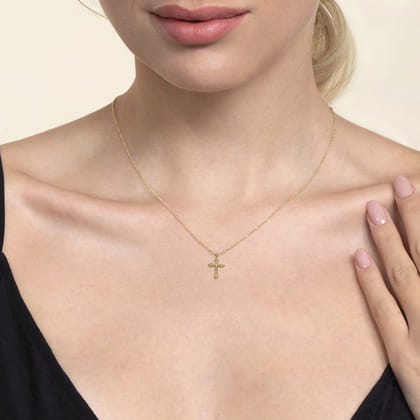 14K Yellow Gold Cross Necklace 12mm-Bujukan