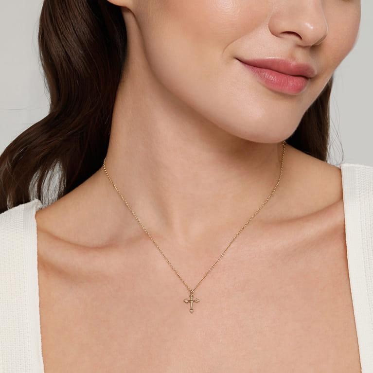 14K Yellow Gold Cross Necklace 12mm-Bujukan - Shot 4