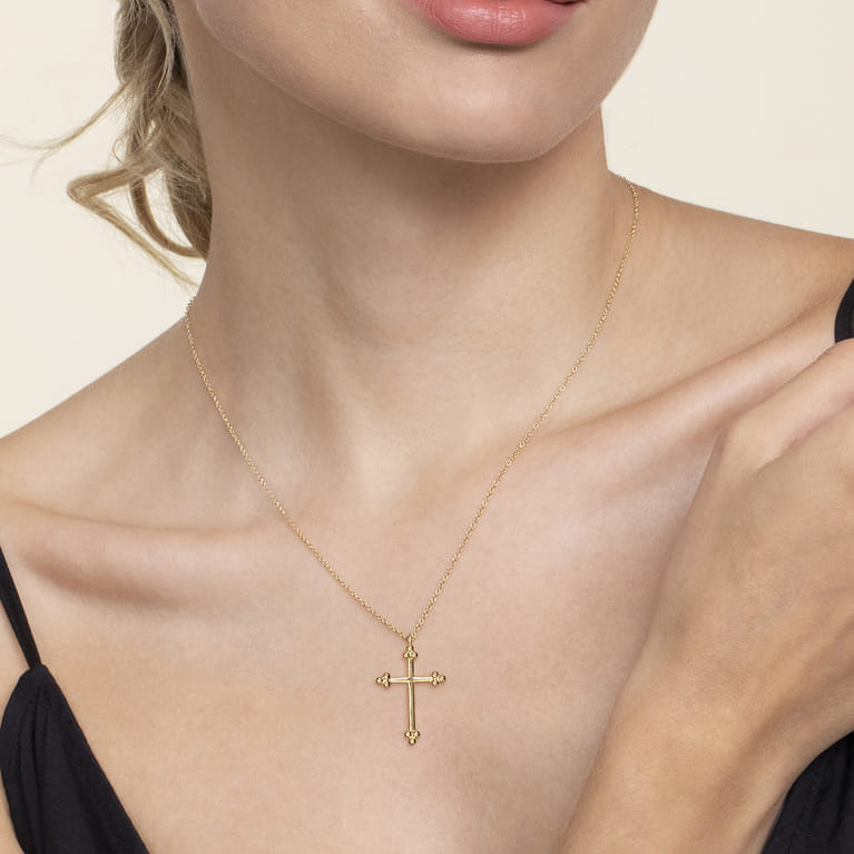 14K Yellow Gold Cross Necklace 24mm-Bujukan - Shot 3