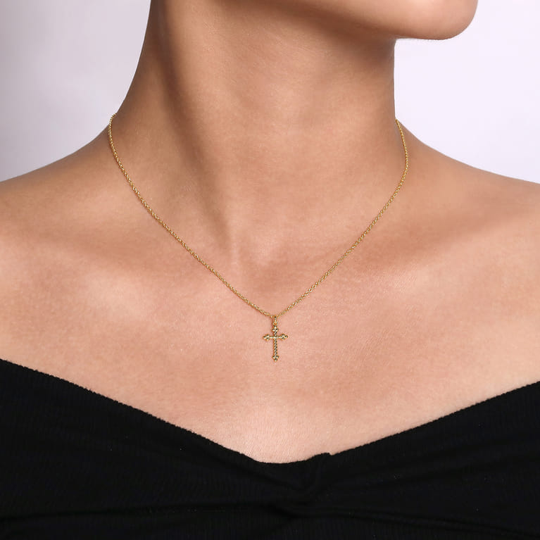 14K Yellow Gold Cross Pendant Necklace- Bujukan - Shot 3