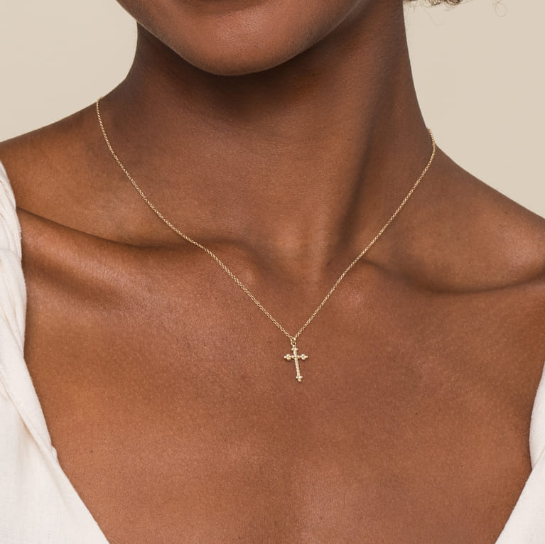 14K Yellow Gold Cross Pendant Necklace- Bujukan - Shot 4