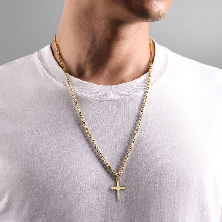 14K Yellow Gold Cross Pendant with Beveled Trim