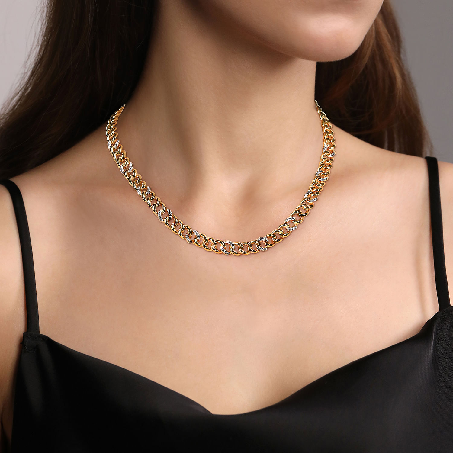 14K Yellow Gold Cuban Chain Necklace with Diamond Link Stations - 0.82 ct - Shot 3