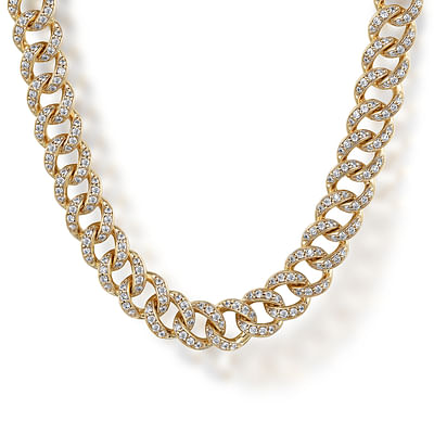 14K Yellow Gold Cuban Link Chain Diamond Necklace