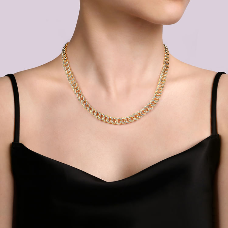 14K Yellow Gold Cuban Link Chain Diamond Necklace