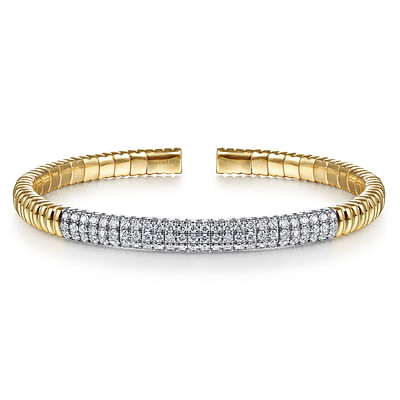 14K Yellow Gold Cuff Bracelet with Diamond Pave Station in size 6 5