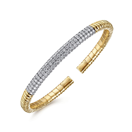 14K Yellow Gold Cuff Bracelet with Diamond Pave Station in size 6 5 - 1.85 ct - Shot 2