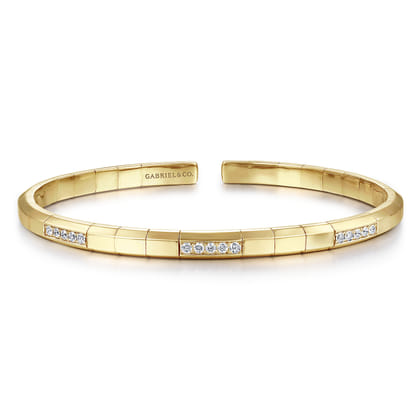 14K Yellow Gold Cuff Bracelet with Diamond Pave Stations