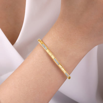 14K Yellow Gold Cuff Bracelet with Diamond Pave Stations