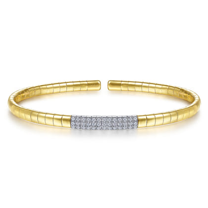 14K Yellow Gold Cuff Bracelet with Pave Diamond Bar