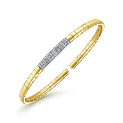 14K Yellow Gold Cuff Bracelet with Pave Diamond Bar