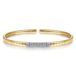 14K Yellow Gold Cuff Bracelet with Pave Diamond Bar