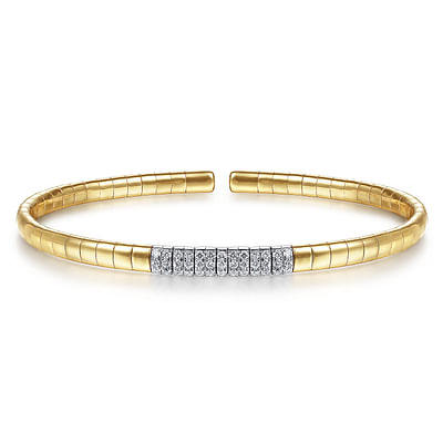 14K Yellow Gold Cuff Bracelet with Pave Diamond Bar