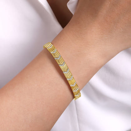 14K Yellow Gold Cuff Bracelet with Pave Diamond Chevron Stations