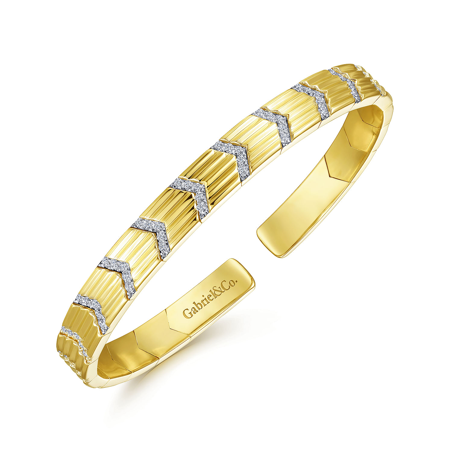 14K Yellow Gold Cuff Bracelet with Pave Diamond Chevron Stations - 0.5 ct - Shot 2